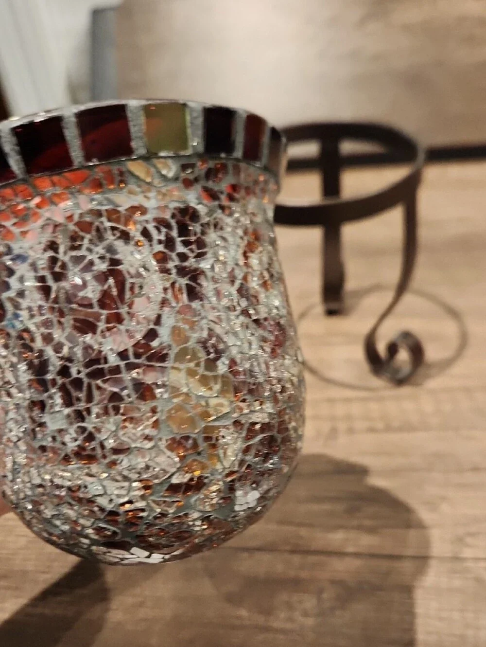 PartyLite Brown Amber Mosaic Glass Votive with Bronze Metal Stand